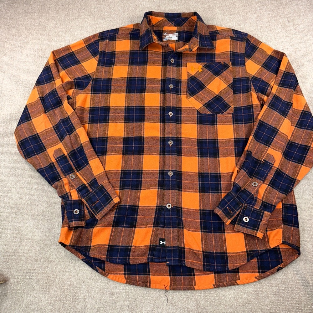 Under Armour ColdGear Mens Large Orange Navy Blue Plaid Flannel Button Down